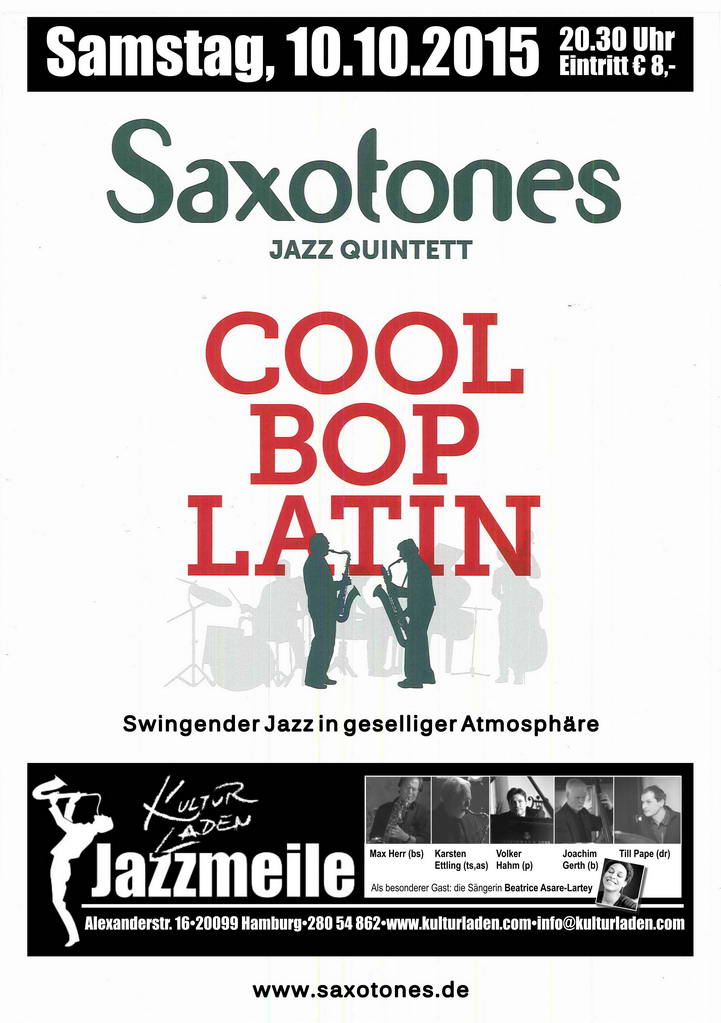 Plakat 720pxl. Jazzmeile presents: Saxotones   Cool Bop Latin  jazzmeile